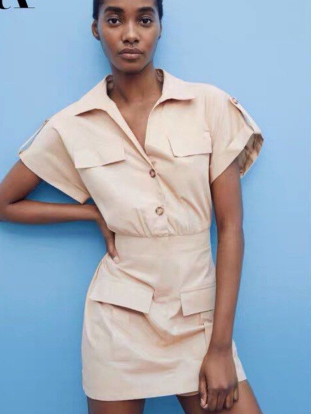 Zara Tan Utilitarian Style Short Sleeve Romper
